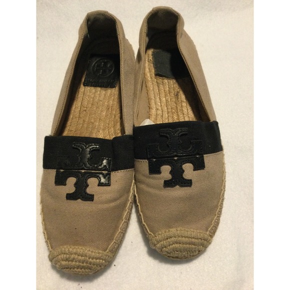 Tory Burch Shoes - Tory Burch Canvas Logo Espadrille Flats Tan Black Slip On Shoes size 6